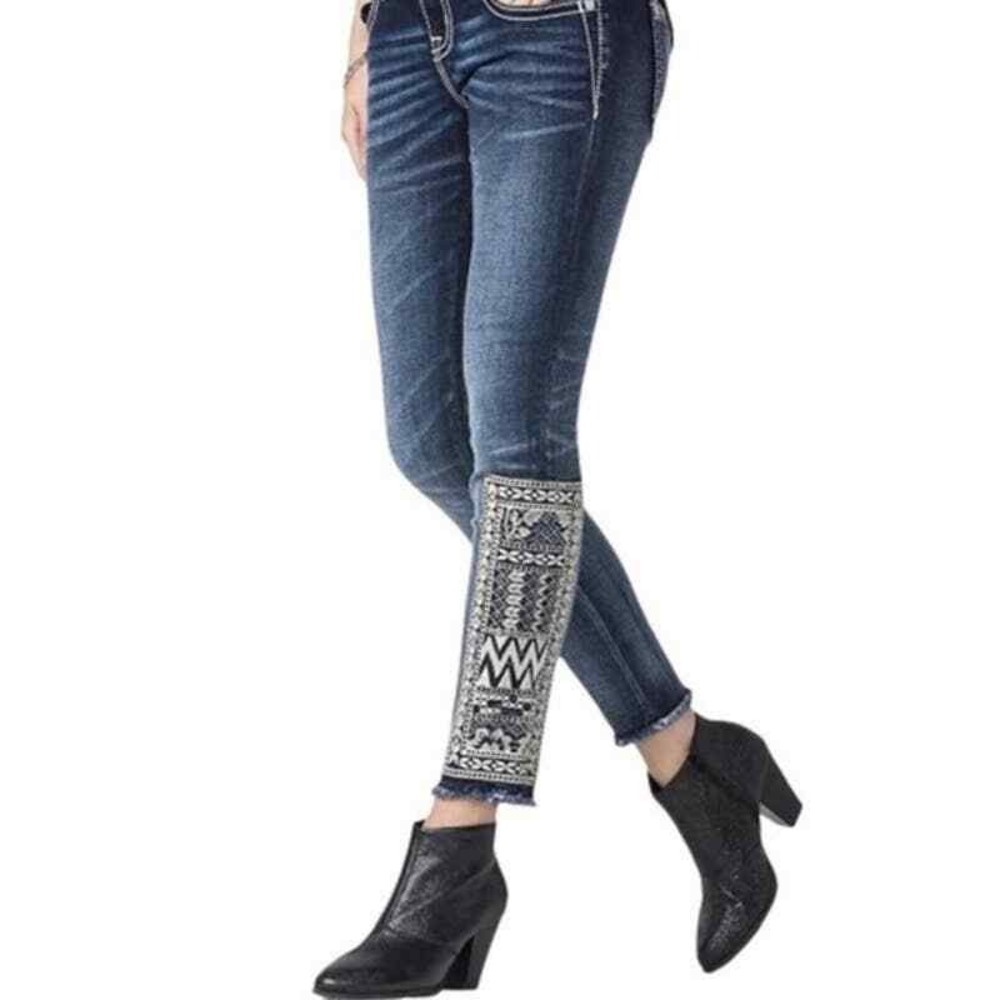 Miss Me Signature Ankle Skinny Jeans Tribal Boho Embroidered Raw Hem Sz 26